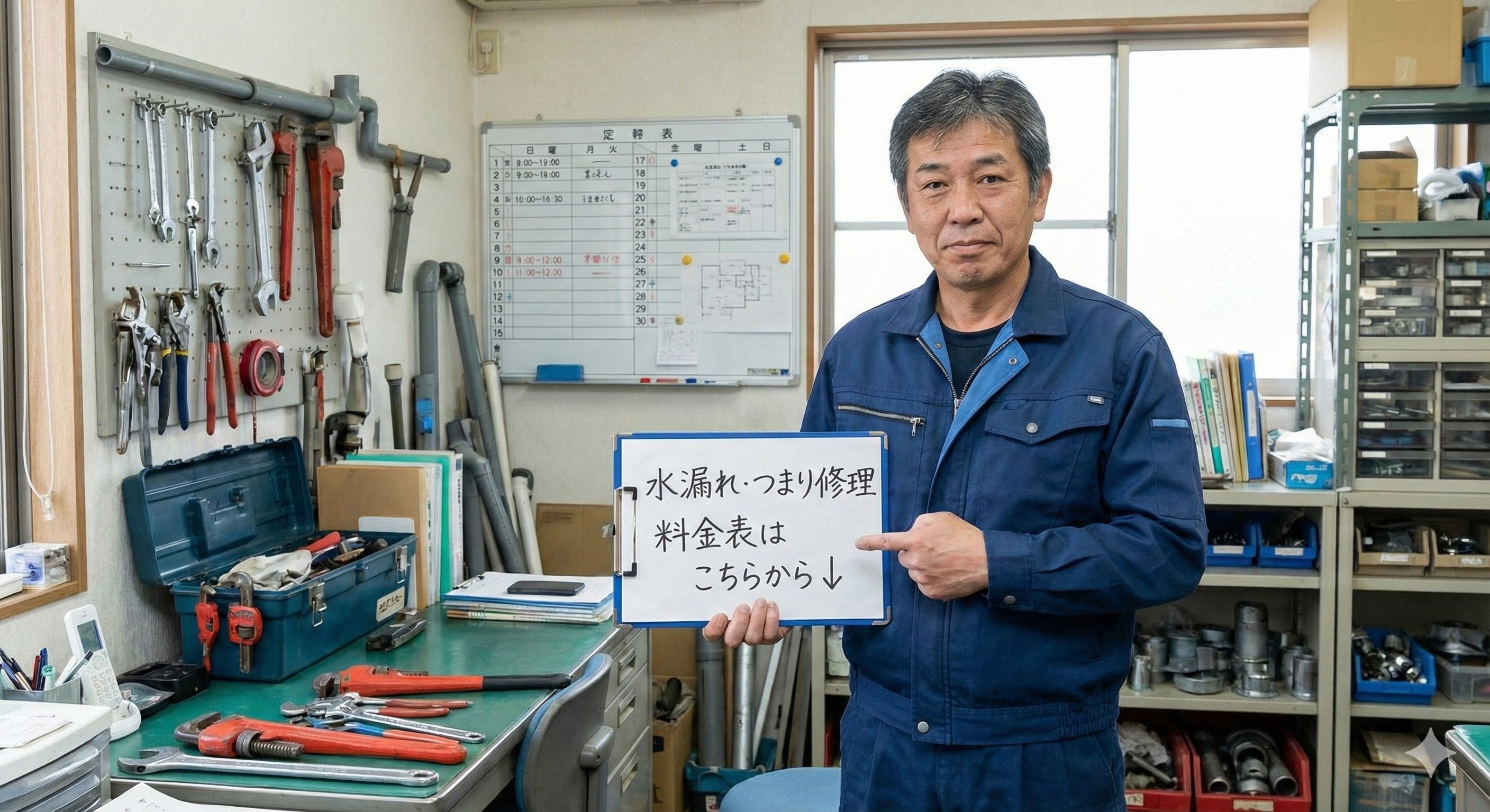 高圧洗浄機で排水管を清掃する作業員