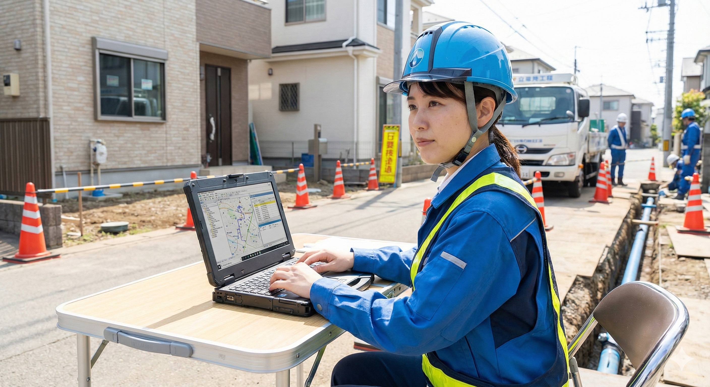 夜間に懐中電灯を持って現場に急行する男性作業員