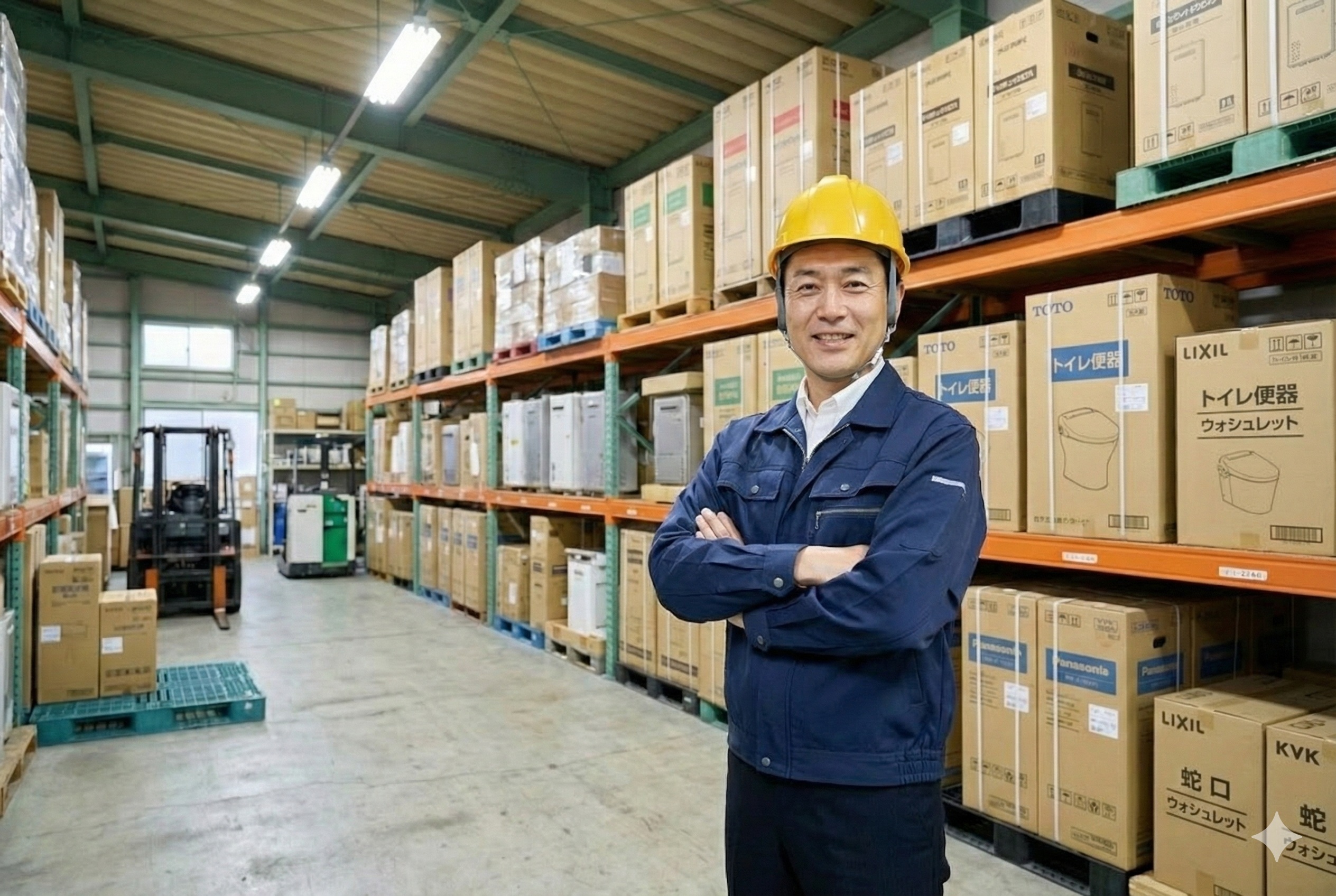 オフィス内で作業服を着て、笑顔で腕を組む管理職の男性作業員