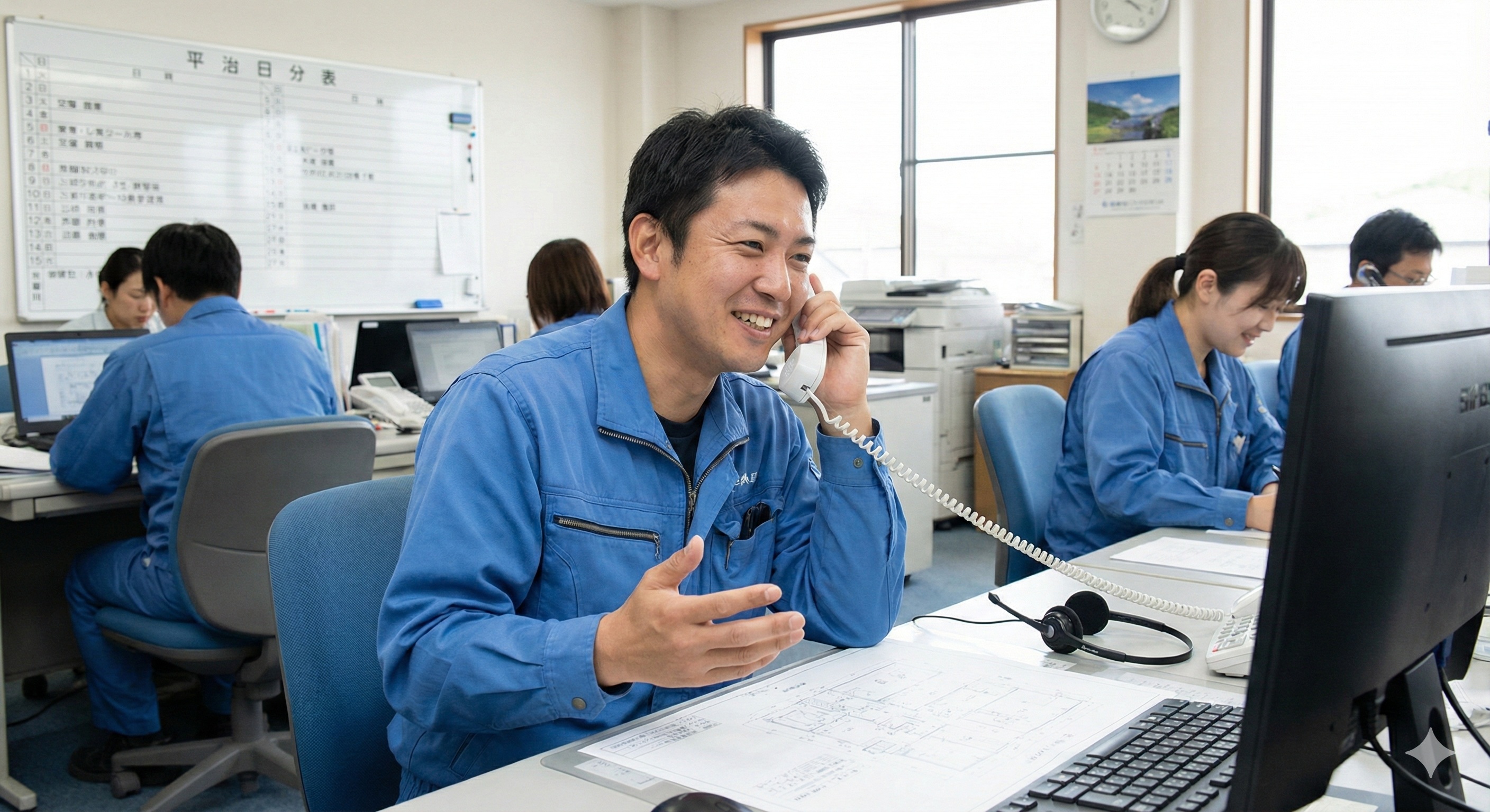 見積書を顧客に提示し、指を差しながら説明する男性作業員