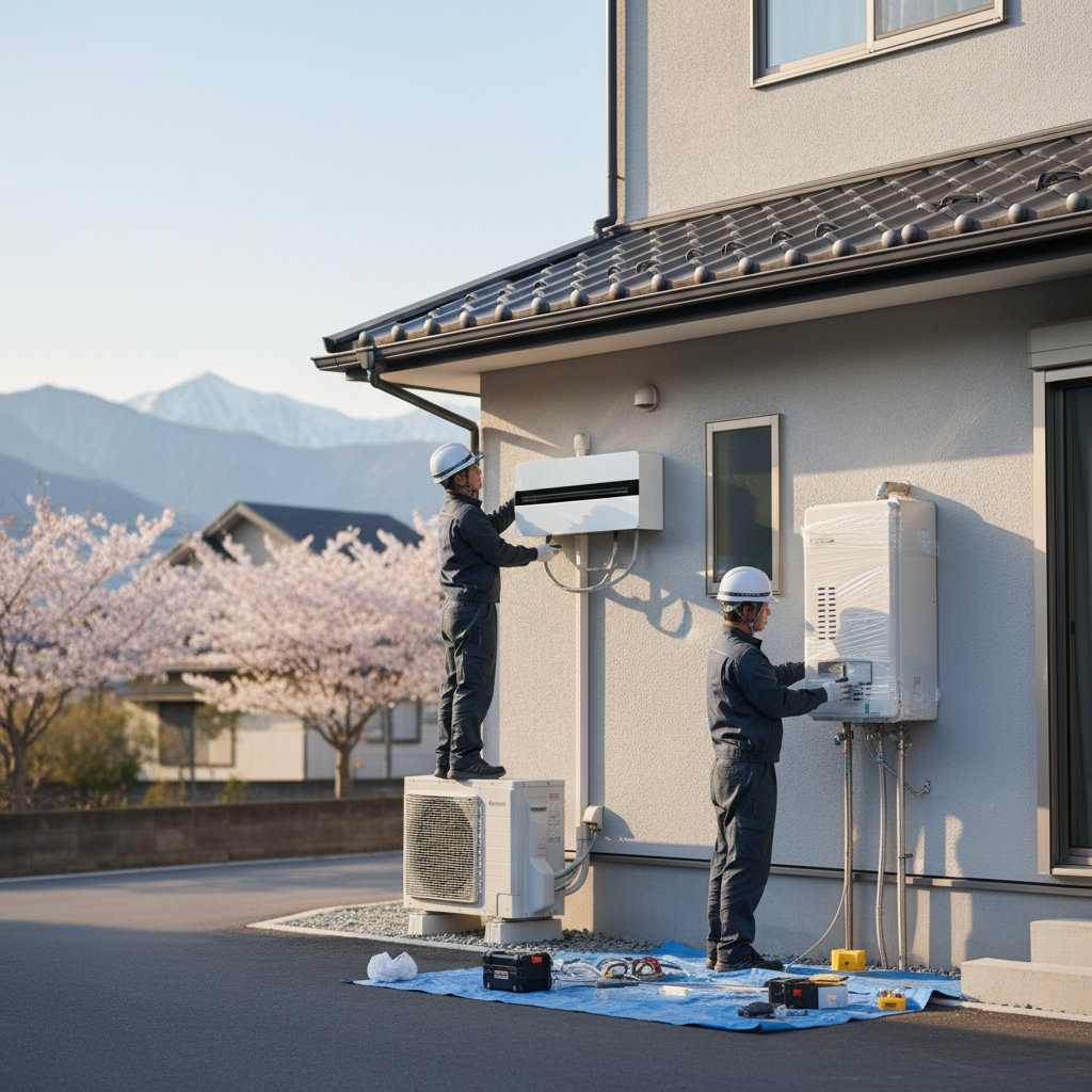 花巻市エアコン工事と給湯器交換の同時施工に関する画像