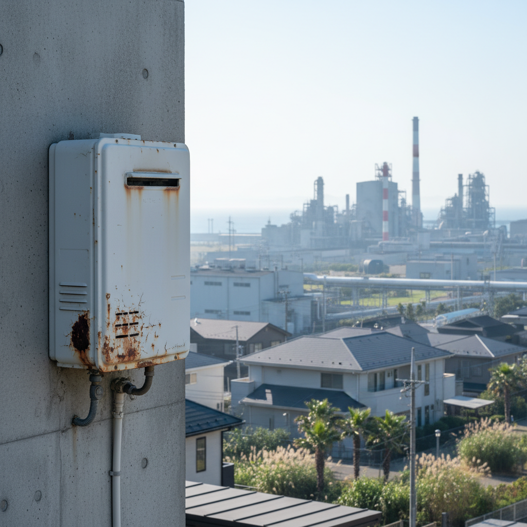 鶴見区特有の環境（潮風・工業地帯）による劣化リスクに関する画像