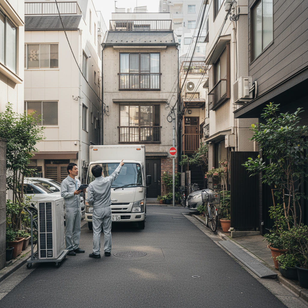 工事当日の駐車スペースと搬入経路の問題に関する画像